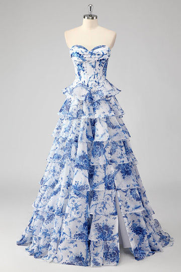 ZAPAKA Women Blue Long Prom Dress with Slit A-Line Sweetheart Tiered Corset Evening Dress